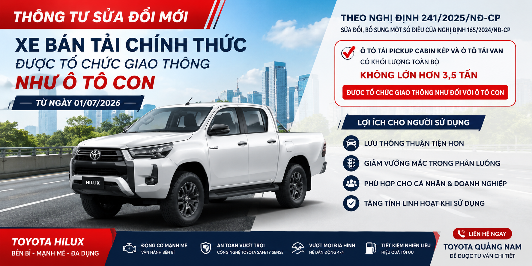 Xe bán tải chính thức được lưu thông như ô tô con từ 01/07/2026 – Chủ xe Toyota Hilux cần biết gì?